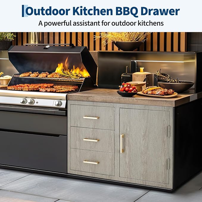 PeakPursuit Stainless Steel Outdoor Kitchen Door Drawer Combo - Triple Drawers & Access Door, Propane Storage & Adjustable Garbage Ring, Weather-Resistant Flush Mount, 38.2" W x 22.6" D x 20.5" H