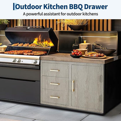 PeakPursuit Stainless Steel Outdoor Kitchen Door Drawer Combo - Triple Drawers & Access Door, Propane Storage & Adjustable Garbage Ring, Weather-Resistant Flush Mount, 38.2" W x 22.6" D x 20.5" H