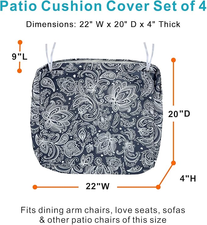 NettyPro Outdoor Cushion Covers for Patio Furniture 4 Pack UV Resistant Water Repellent Patio Chair Seat Cushion Slipcovers, 22 x 20 x 4 Inch, Replacement Cover Only, Slate Grey Paisley