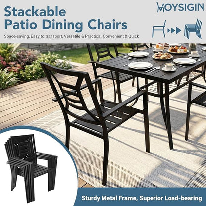 9 Piece Outdoor Patio Dining Sets, 77" Rectangular Metal Dining Table with Umbrella Hole & 8 Stackable Metal Chairs, Weather Resistant Garden Furniture Set for Backyard, Deck, Porch