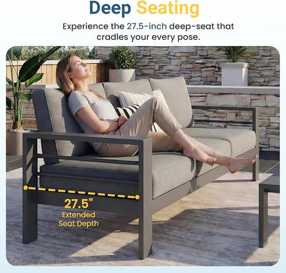 Wisteria Lane Aluminum Outdoor Sofa, 2 Pieces Patio Couch All-Weather Rust-Proof Modern Metal Patio Furniture with 5" Thick Olefin Cushions, Light Grey