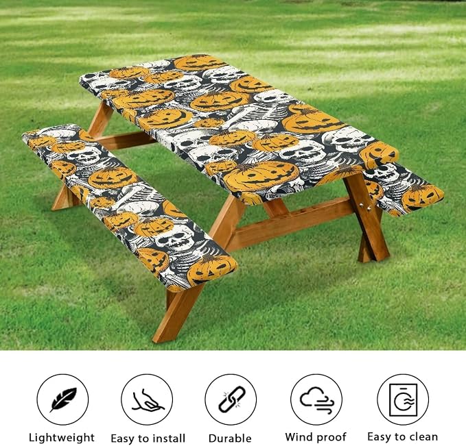 Halloween Pumpkin Skull Elastic Picnic Table Cover with Bench Covers Camping Table Cloth for Picnic Table 3 PCS Set Size S/L
