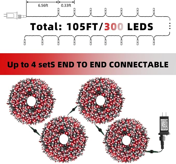 Christmas String Lights, 105ft 300 LED Christmas Tree Lights | 8 Modes Memory Function & Timer- UL Certified Outdoor Indoor Christmas Fairy Lights for Tree, Garden, Party(Red + White)