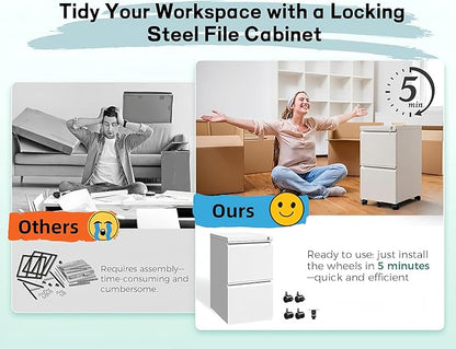 Approgreent 2 Drawer Metal File Cabinet, Fully Assembled Locking Filing Cabinet with Anti-Tipping Wheels, Quiet Slide, Heavy-Duty Steel Construction, Fits A4 Letter Legal for Home Office, Matte White
