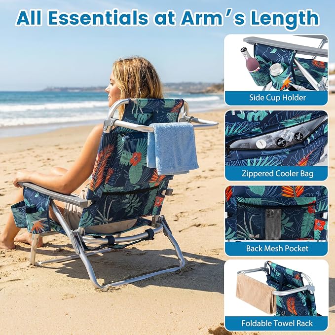 GYMAX Beach Chairs, Backpack Camping Chair | with Armrest, Cooler Bag, Cup Holder & Towel Bar, Sunbath Tanning Lounge, Folding Layout Chair (Without Table, Flower)