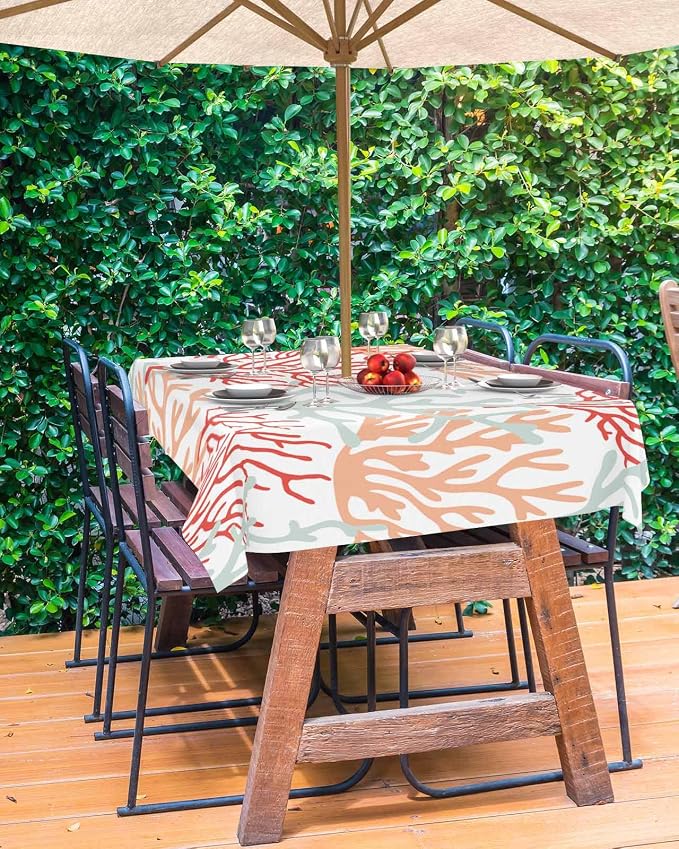 Red Orange Grey Coral Coastal Outdoor Tablecloth - 52x70 Inch Rectangle Waterproof Dining Table Cover, Summer Beach Sea Nautical Outdoor Table Cloth with Umbrella Hole & Zipper for Patio
