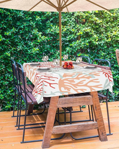 Red Orange Grey Coral Coastal Outdoor Tablecloth - 60x102 Inch Rectangle Waterproof Dining Table Cover, Summer Beach Sea Nautical Outdoor Table Cloth with Umbrella Hole & Zipper for Patio