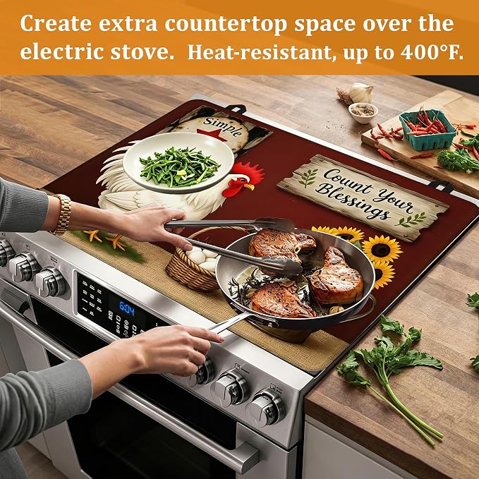 Farmhouse Rooster Glass Top Stove Cover Protector,Rustic Sunflower Heat Resistant Stove Top Cover, Large Size Range Covers for Electric Stove Countertop Mat, 28 x 20 Inch