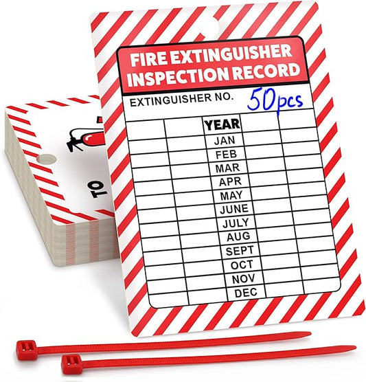 Fire Extinguisher Inspection Tags 2026-2029, Plastic 2.25 x 3 Inch Red for Indoor Outdoor Use, Durable Double-Sided Monthly Record and Pass Instructions, Include Zip Ties, 50 Pack