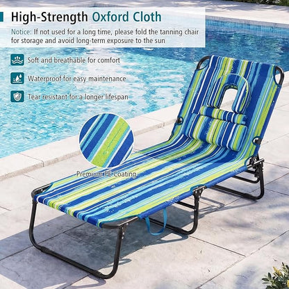 GYMAX Tanning Chair, Folding Lounge Chairs with Face Hole & Cover, Removable Pillow Carry Handle, Portable Compact Outdoor Layout Recliner for Beach, Poolside, Lawn, Patio, Camping (Blue Stripe,1)