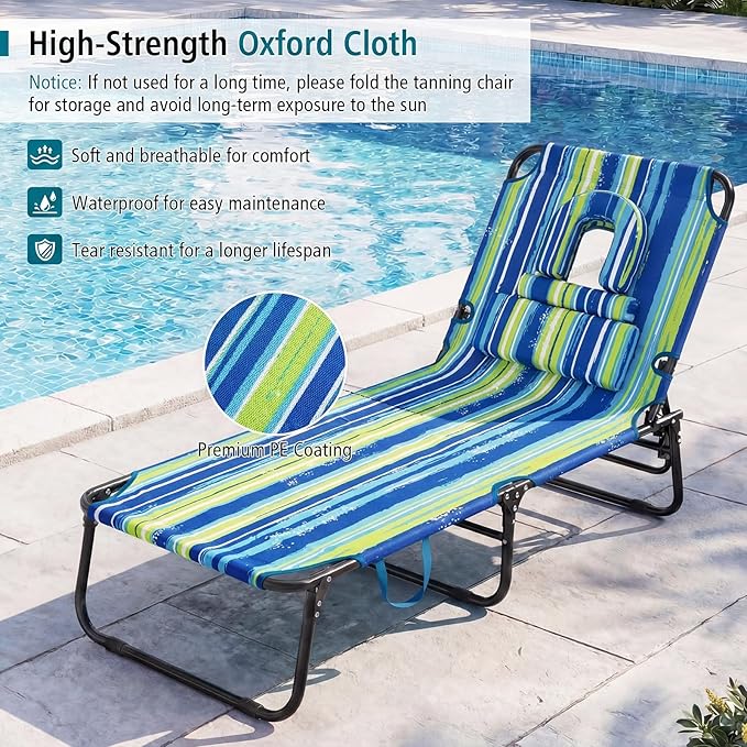 GYMAX Tanning Chair, Folding Lounge Chairs with Face Hole & Cover, Removable Pillow Carry Handle, Portable Compact Outdoor Layout Recliner for Beach, Poolside, Lawn, Patio, Camping (Blue Stripe,2)