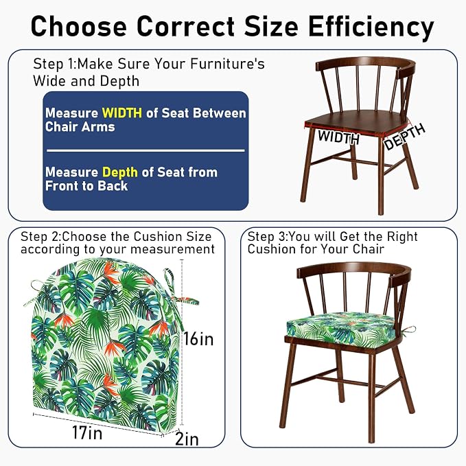 Topotdor Outdoor Chair Cushions Set of 2, Waterproof Patio Chair Cushions for Outdoor Furniture, Round Corner Seat Chair Pads with Ties for Patio Garden Dining Office, 17"x16"x2", Tropical Plant