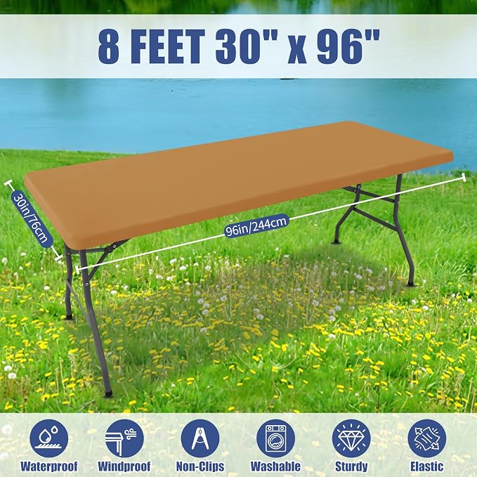 Moosfor 2 Pack Rectangle Spandex Fitted Table Cloth, 8FT Elastic Tablecloth | Washable Picnic Table Cover, Stretch Waterproof Table cloths for Party, Patio, Dining, Kitchen, 30" x 96", Camel