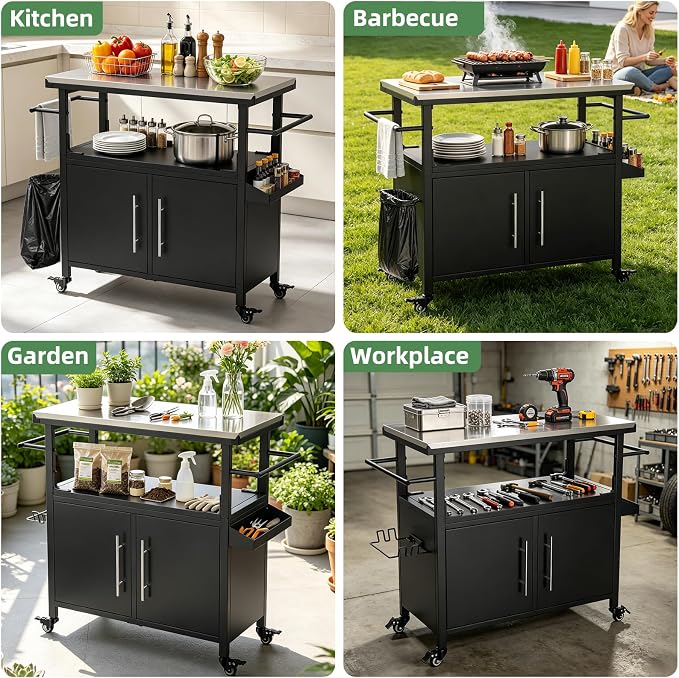 KEIKI Outdoor Grill Cart with Stainless Steel Top, Storage Cabinet & Wheel