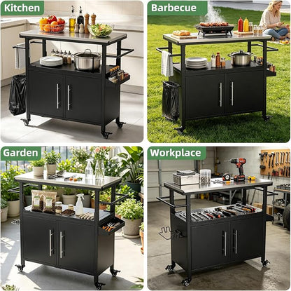 KEIKI Outdoor Grill Cart with Stainless Steel Top, Storage Cabinet & Wheel