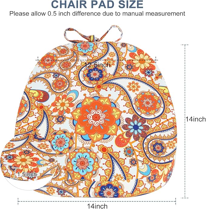 GUEGLSA Outdoor Waterproof Seat Cushions 14x14 inch, Non Slip Metal Chair Pad with Ties, U Shaped Metal Chair Cushion for Kitchen Dining Patio Chair, Set of 2, Orange Paisley