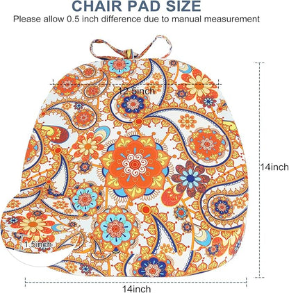 GUEGLSA Outdoor Waterproof Seat Cushions 14x14 inch, Non Slip Metal Chair Pad with Ties, U Shaped Metal Chair Cushion for Kitchen Dining Patio Chair, Set of 2, Orange Paisley