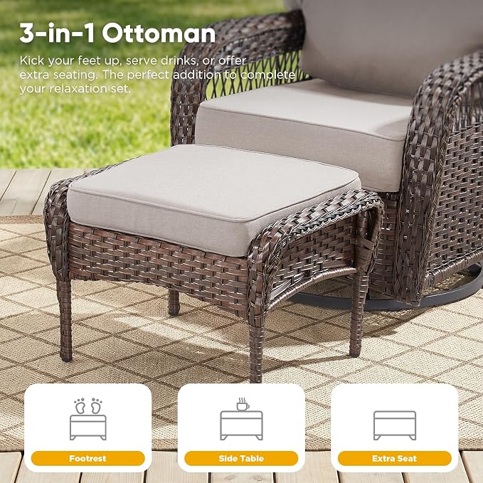 Belord Luxury Patio Furniture Set with 5-inch Thick Cushion, Outdoor Couch,Ottoman and High Back Swivel Rocker Patio Chairs, 8PCS Wicker Conversation Set for Deck Yard and Poolside,Beige