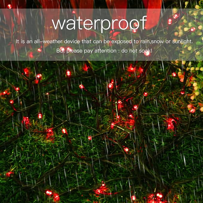 Solar Christmas Halloween String Lights, Red 200Led, Outdoor | 2 Pack Total 400Led 144Ft 8 Mode, IP44 Waterproof Outside Fairy Lights for Tree, Garden, Patio, Lawn, Party, Yard Decorations