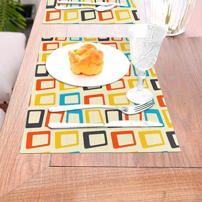 Retro Placemats Set of 4, Mid Century Modern Dining Table Place Mats | Washable Heat Resistant Table Mats for Kitchen Dinner Holiday Party Home Decor 12x18 Inch