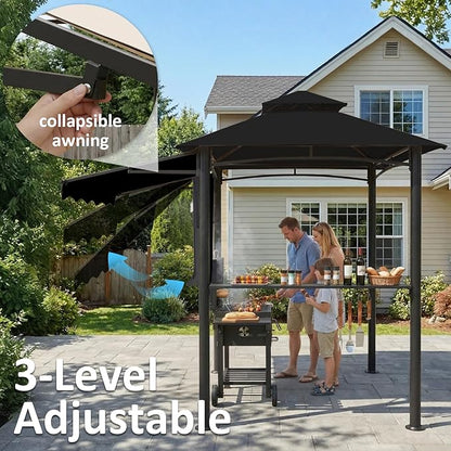 CHARMELEON 8x8 FT Grill Gazebo, Grill Canopy with Big Awning&2 Side Shelves&6 Hooks&Bottle Opener, Powder-Coated Steel BBQ Shelter for Patio Backyard Outdoor Grilling-Black