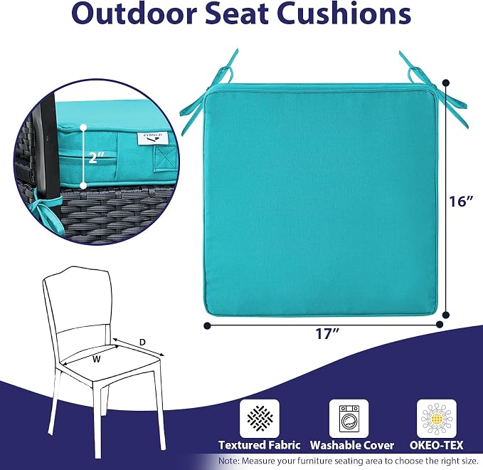IPYNBAP Outdoor Chair Cushions Set of 4 -Waterproof Outdoor Seat Cushions for Patio Furniture, Patio Chair Cushion with Handle and Ties, Out Door Chair Pads,17x16x2-Square, Teal