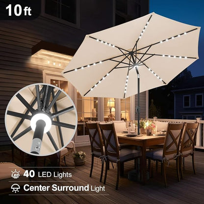 FLAME&SHADE Solar Patio Umbrella with Centre Light, 10 FT Beige | UV Protection, Small Solar Outdoor Umbrella for Porch, Deck, Backyard, Garden, Provides Evening Lighting, 40 LED Lights