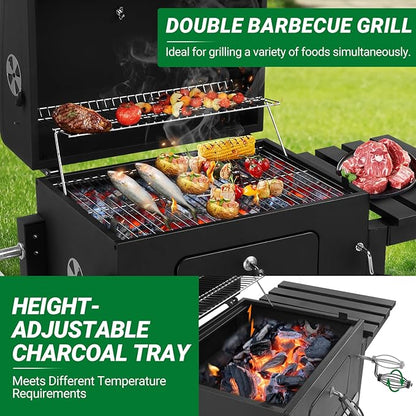 Large Charcoal BBQ Grill, Portable Barbecue Grill with Adjustable Charcoal Tray, Foldable Side Tables & Wheels, Outdoor Garden Barbecue Smoker for Camping Backyard Patio Party Picnic