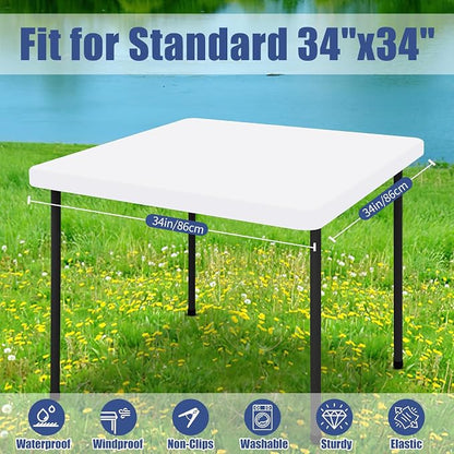 Moosfor 2 Pack Square Spandex Fitted Table Cloth, Elastic Tablecloth | Washable Picnic Table Cover, Stretch Waterproof Table cloths for Party, Patio, Dining, Kitchen, 34" x 34", White