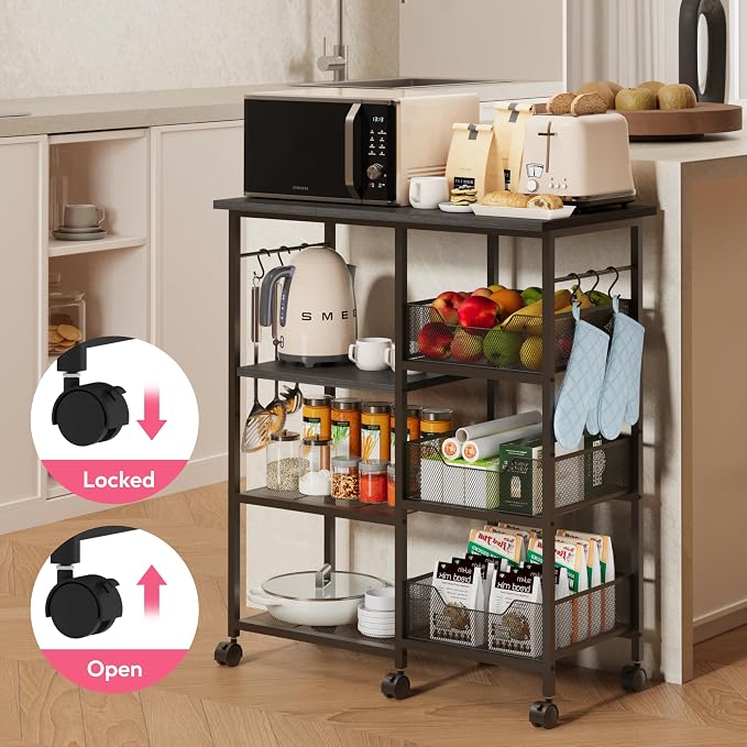 SWTYMIKI Kitchen Island Cart on Wheels - 28.35x14.57in Rolling Kitchen Table Cart with Storage Shelves, 6 Removable Hooks& Locking Casters, Coffee Bar Cabinet for Dining Room Pantry Office, Black
