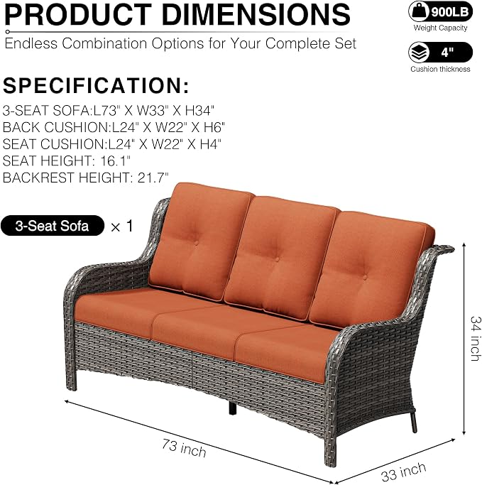 Joyside Outdoor Patio Couch, 3 Seater Outdoor Wicker Sofa with High Back, Deep Seating, Wide Armrest, Thickened Cushions, Patio Sofa for Deck, Porch Use