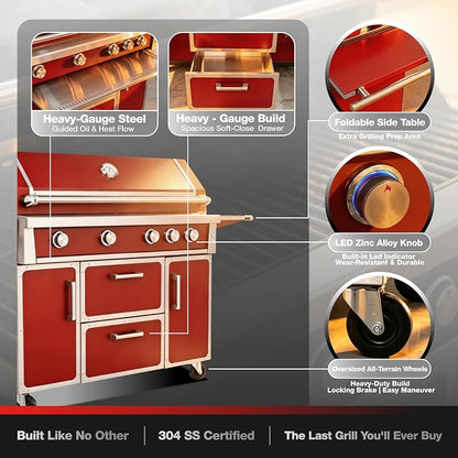 NG 4 Cast Burners Outdoor Kitchen Grill Island, 99,000 BTU, Red Painting