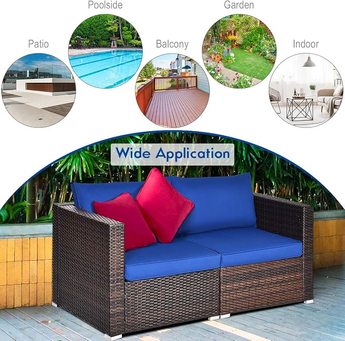 Tangkula Wicker Loveseat 2 Piece, Patio Furniture Couch with Removable Cushions, Rattan Loveseat Sofa for Balcony, Deck, Garden and Poolside