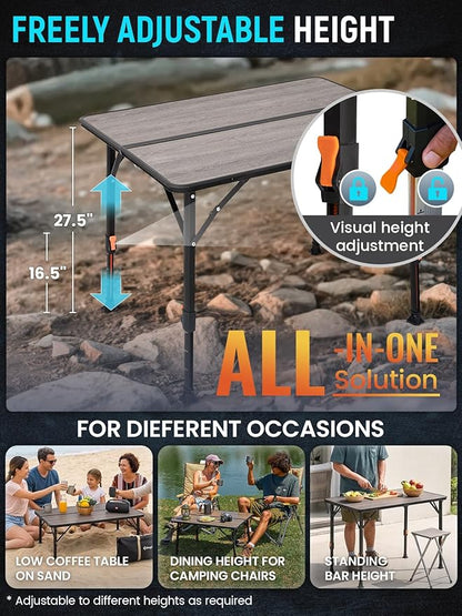 KingCamp Folding Camping Table, Ultralight Portable Folding Fiber Glass Camp Table with Adjustable Height, Heavy Duty Aluminum Legs & Carry Bag for Outdoor, Picnic, Beach, Party, BBQ (2-4 People)