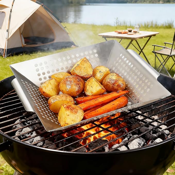 Anveena Grill Baskets 3 Pack Stainless Steel Grilling Basket for Indoor and Outdoor Use, Heavy Duty Vegetables Grill Basket for Veggies and Kabob, Suitable for All Grills, Dishwasher Safe