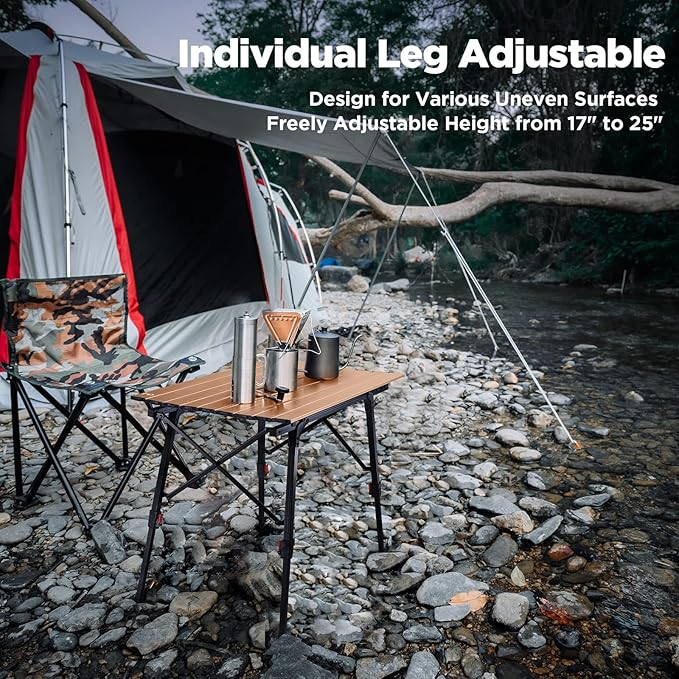 VILLEY Portable Camping Table with Adjustable Legs, Lightweight Aluminum Folding Beach Table with Carrying Bag for Outdoor Cooking, Picnic, Beach, Backyards, BBQ and Party - Gold