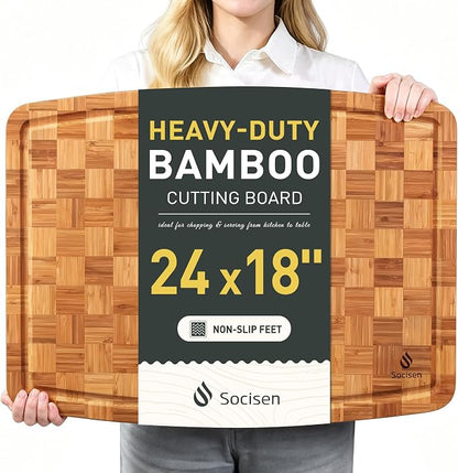 Extra Large Bamboo Wooden Cutting Board Wood Cutting Boards for Kitchen | Heavy Duty, End Grain, Non Toxic, Non Slip, Cutting Board Set, Solid Thick, Juice Groove, Butcher Block, Best Kitchen Gift