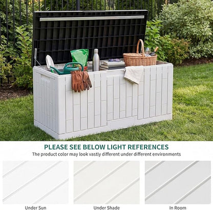 YITAHOME 120 Gallon Outdoor Storage Deck Box, Large Resin Patio Storage with Slide-Locking Black Lid, 2-Person Bench Seat for Outdoor Pillows, Garden Tools & Pool-Supplies, Waterproof, Grayish-White