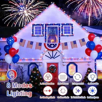 QITONG Red White and Blue Solar String Lights, 2 Pack Each 66ft 200 LED 4th of July Lights Outdoor Waterproof, 8 Modes Green Wire Patriotic Led Lights for Independence Memorial Day Decor