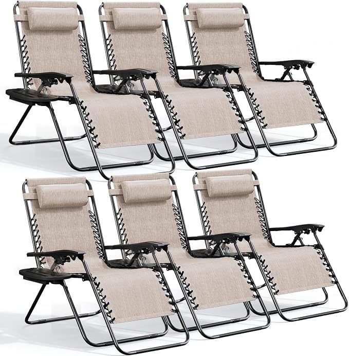 Nestl Zero Gravity Chairs Set of 6, Patio Lounge Chair Outdoor with Pillows & Cup Holder Trays, Adjustable Steel Mesh Reclining Camping Chair, Folding Patio Lawn Chair for Deck, Beach, Yard - Beige