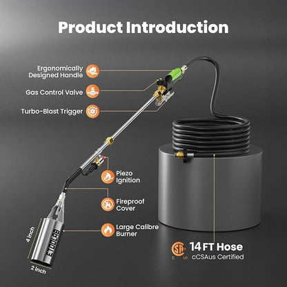 Propane Torch Weed Burner, 14FT Hose for Weeding,BBQ,Roof and Asphalt Work | High Output Propane Weed torch with Self Igniter and Turbo Trigger, 2-in-1 Two Modes Design