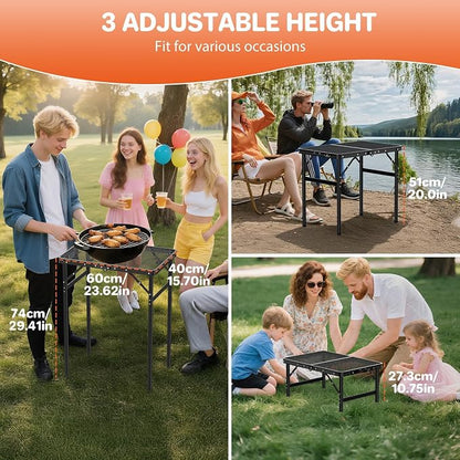FUNYKICH Folding Grill Table for Outside(23''x16''), Max Height 29.4'' Portable Camping Tables(3 Adjustable Height), Lightweight Aluminum BBQ Table with Portable Handle for Camping, Picnic, BBQ, Black