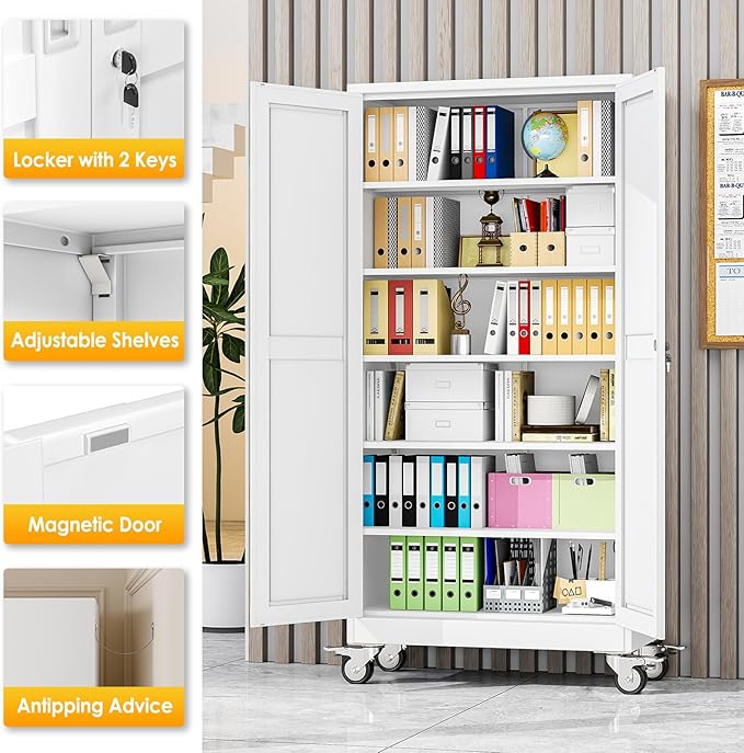 PAOFIN Metal Garage Storage Cabinet with Wheels,Steel Lockable File Cabinets with 2 Doors and 5 Adjustable Shelves,74" H Locking Tool Cabinets for Home Office, Warehouse, Required Assembly,White