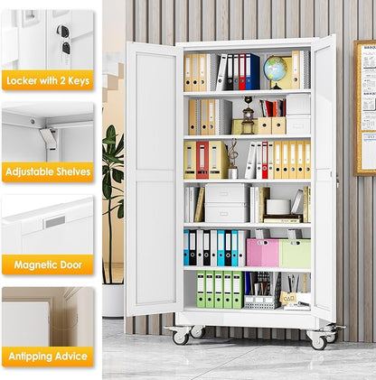 PAOFIN Metal Garage Storage Cabinet with Wheels,Steel Lockable File Cabinets with 2 Doors and 5 Adjustable Shelves,74" H Locking Tool Cabinets for Home Office, Warehouse, Required Assembly,White