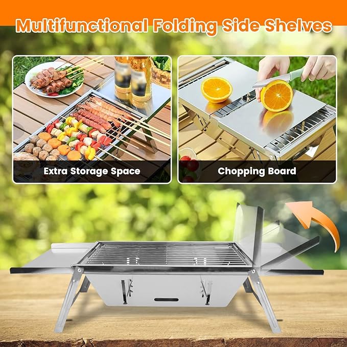 Portable Charcoal Grill, 3 In 1 Stainless Steel Foldable Table Top Charcoal Small Grill, Camping Smoker BBQ Grill with Storage Shelf for Outdoor Cooking, Travel, Camping, Backyard