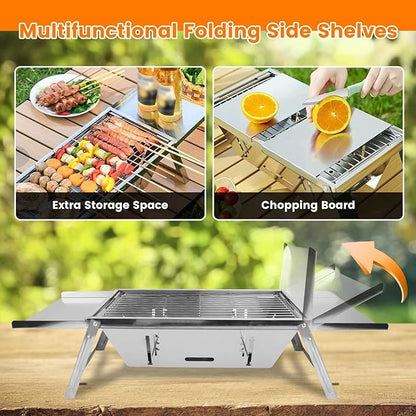 Portable Charcoal Grill, 3 In 1 Stainless Steel Foldable Table Top Charcoal Small Grill, Camping Smoker BBQ Grill with Storage Shelf for Outdoor Cooking, Travel, Camping, Backyard