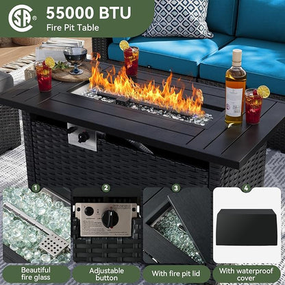 Aoxun 8 Piece Patio Furniture Set with 44” Fire Pit Table, Wicker Rattan Patio Sectional Sofa, Outdoor Furniture Set with Thickened Cushion, Peacock Blue