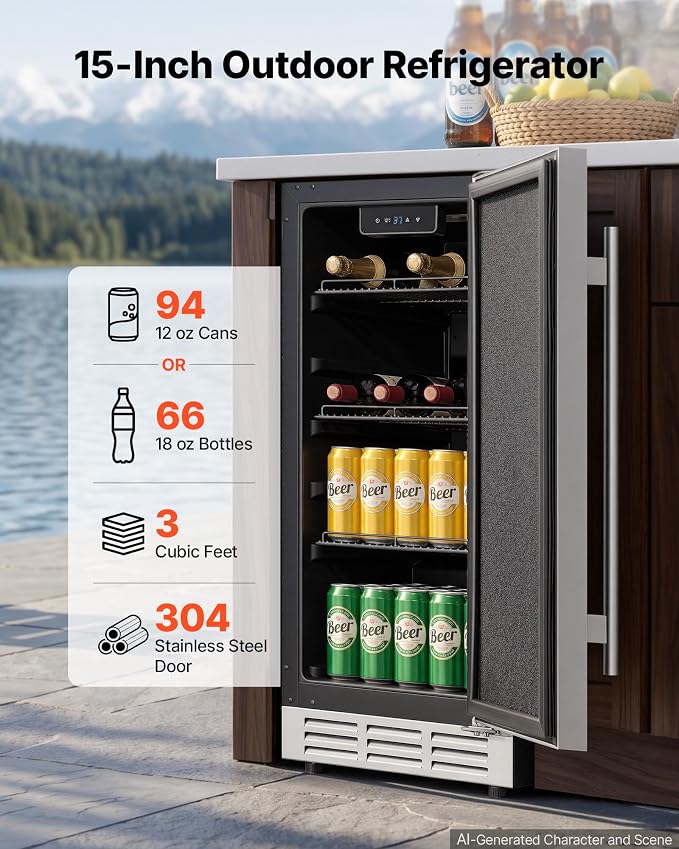 VEVOR Outdoor Beverage Refrigerator, 15 Inch Undercounter Drink Fridge | 304 Stainless Steel Door, 3.0 Cu. Ft, Hold 94 Cans, Powerful Cooling System, Built-in / Freestand Cooler, Home Bar & Patio
