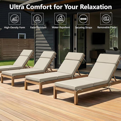 80 x 26 Inch Outdoor Chaise Lounge Cushions Set of 4 - Removable Cover, 4-Section Design, Water-Repellent & Fade-Resistant, 6 Tie Straps, Replacement for Patio & Pool Chairs - Cream