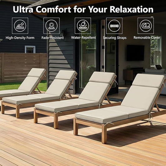 80 x 26 Inch Outdoor Chaise Lounge Cushions Set of 4 - Removable Cover, 4-Section Design, Water-Repellent & Fade-Resistant, 6 Tie Straps, Replacement for Patio & Pool Chairs - Cream